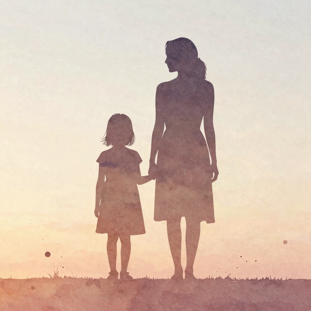 Minimalist watercolor silhouette of a mother and her adult d...