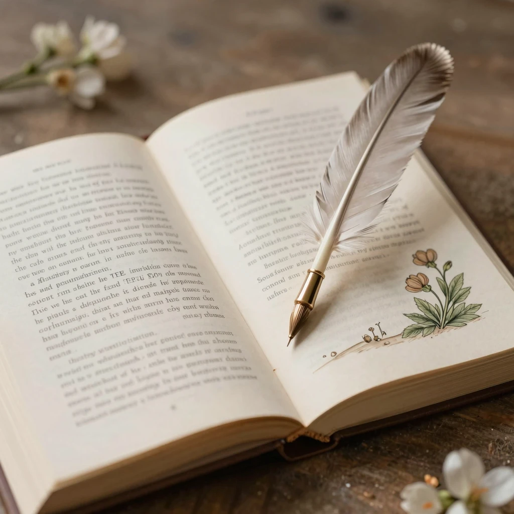 A beautifully illustrated open book with a quill pen, surrou...