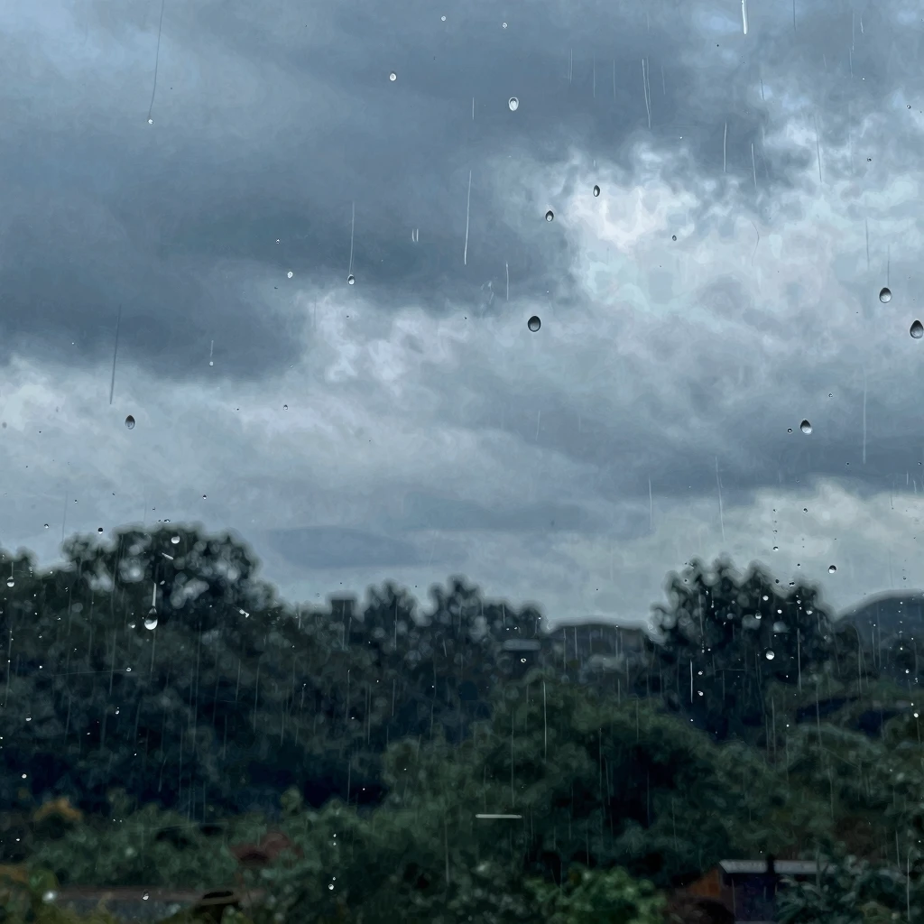 An artistic impression of a rainy landscape with dark clouds...