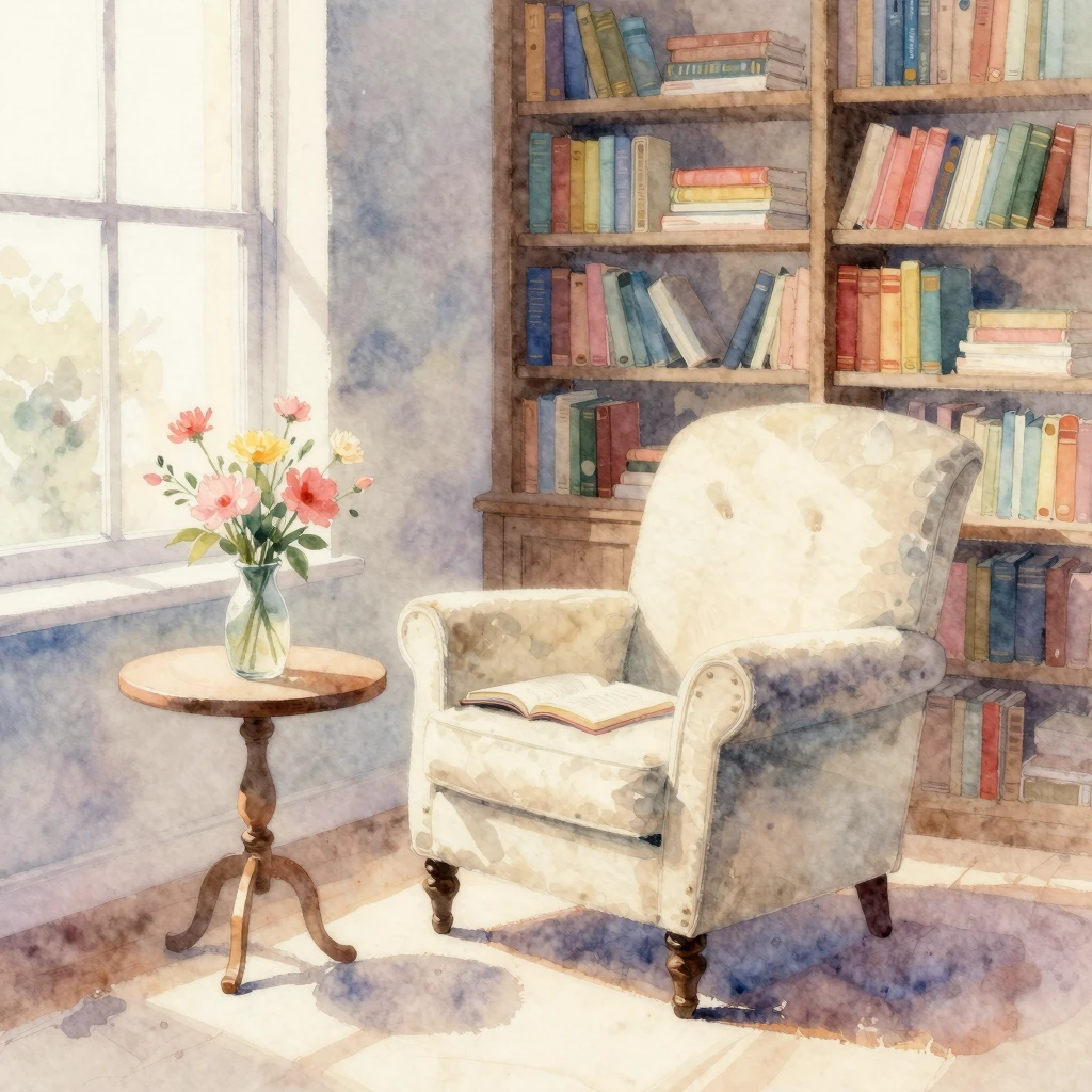 A serene watercolor artwork depicting a quiet reading corner...