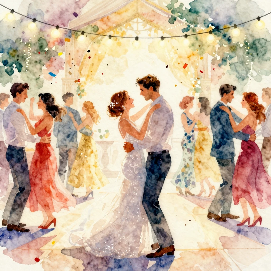 An artistic watercolor painting of a wedding dance floor fil...