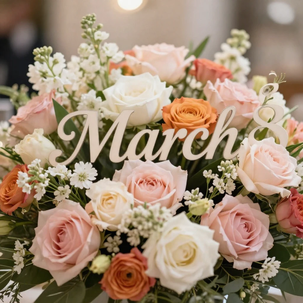A beautiful floral arrangement with a subtle, elegant 'March...