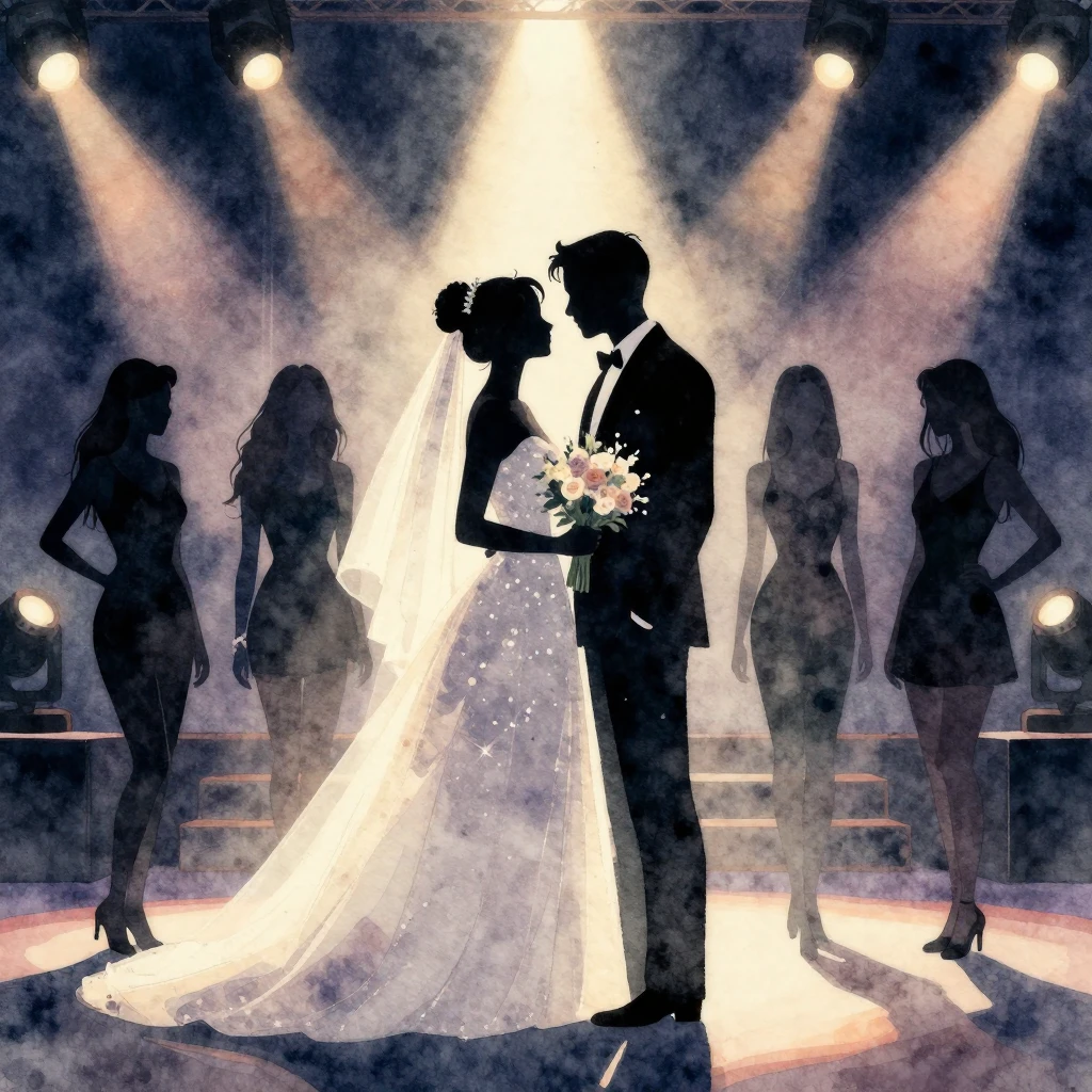 Watercolor style. Silhouette of a bride holding a bouquet, s...