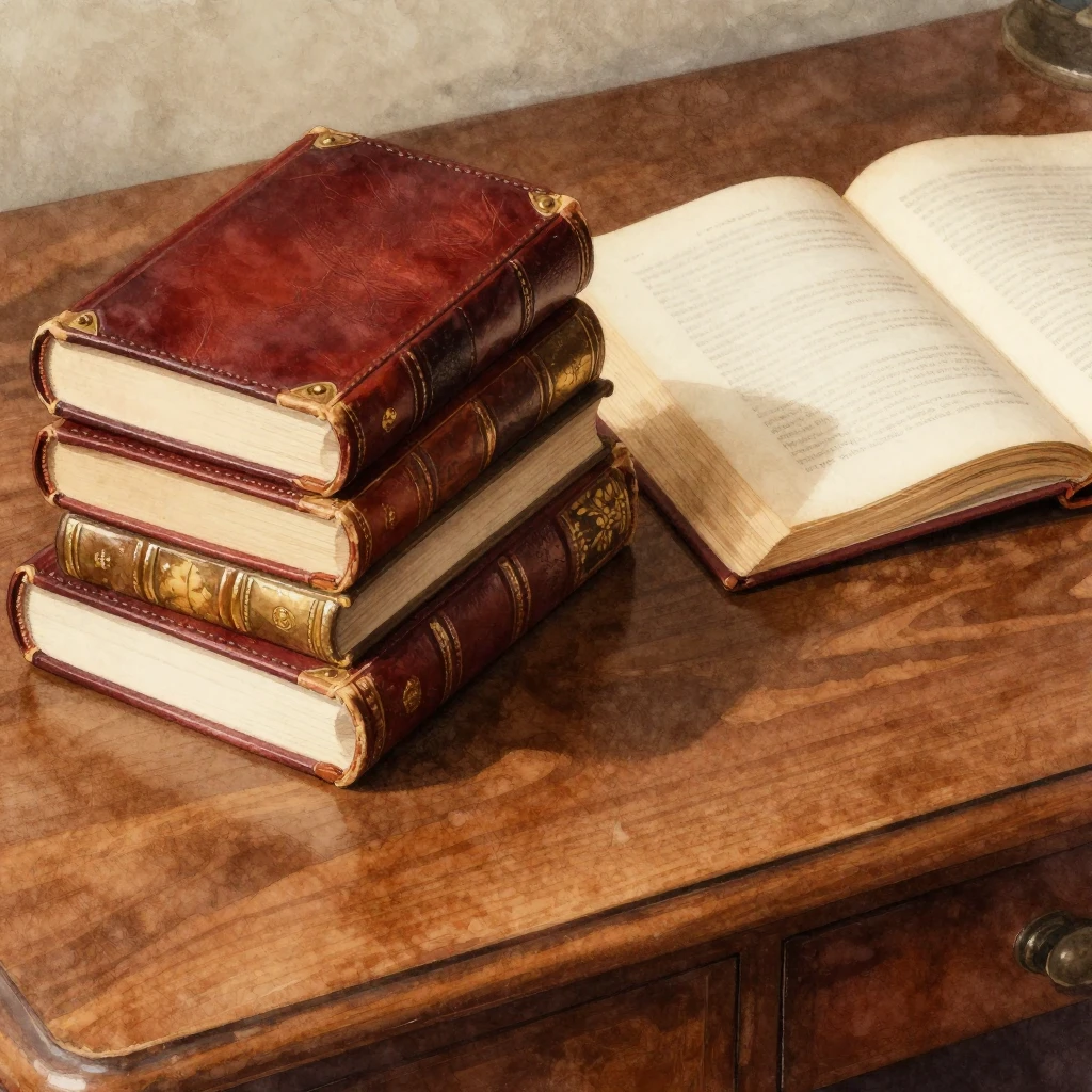 A stack of old leather-bound novels and an open vintage book...