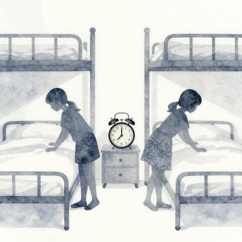 Watercolor style. Silhouettes of girls making beds in a dorm...
