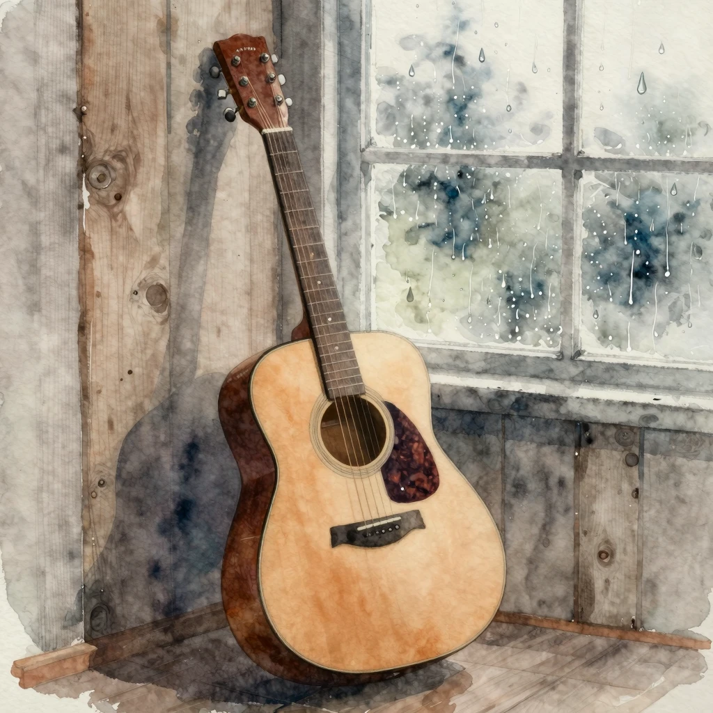 A beautiful watercolor painting of a single acoustic guitar ...