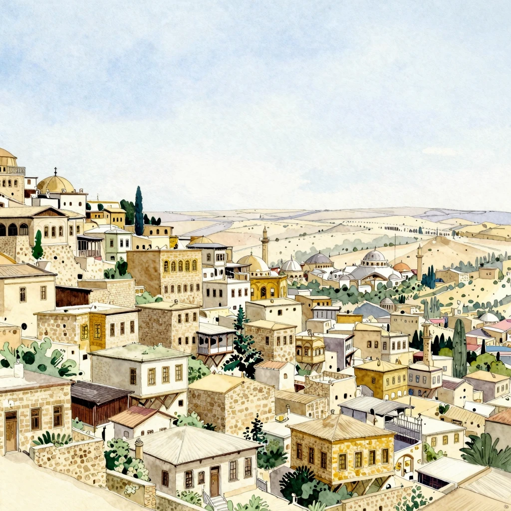 Watercolor painting of the city of Mardin, Turkey. Vertical ...