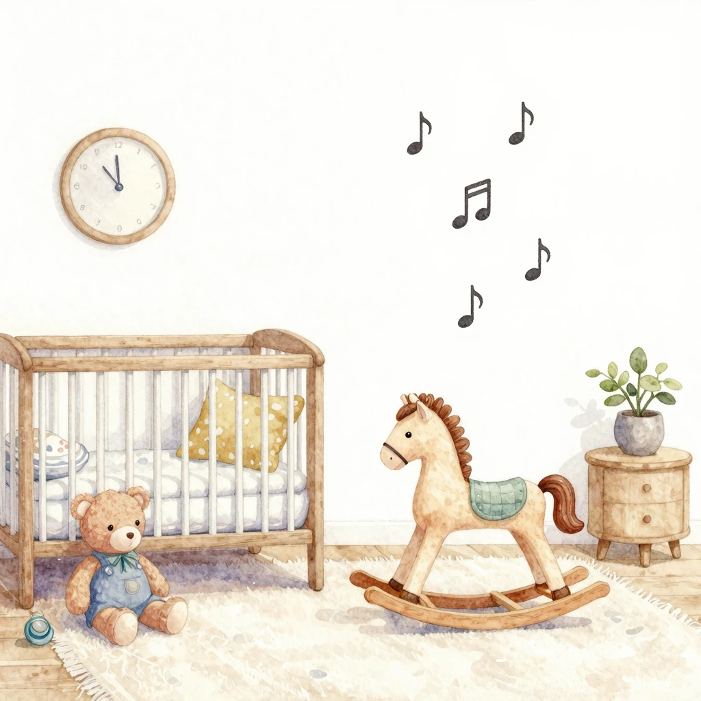 A soft watercolor painting of a cozy nursery room with toys,...
