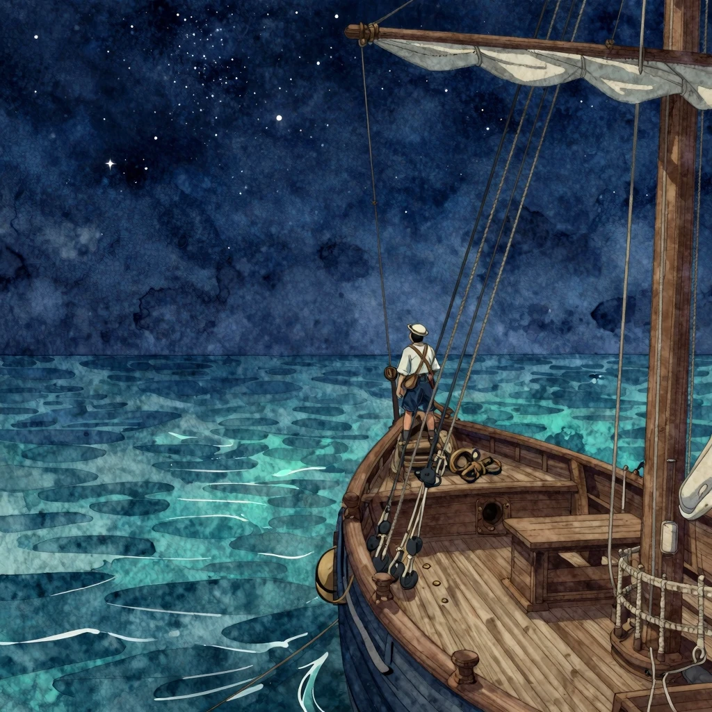 An artistic illustration of a lone sailor standing on the de...