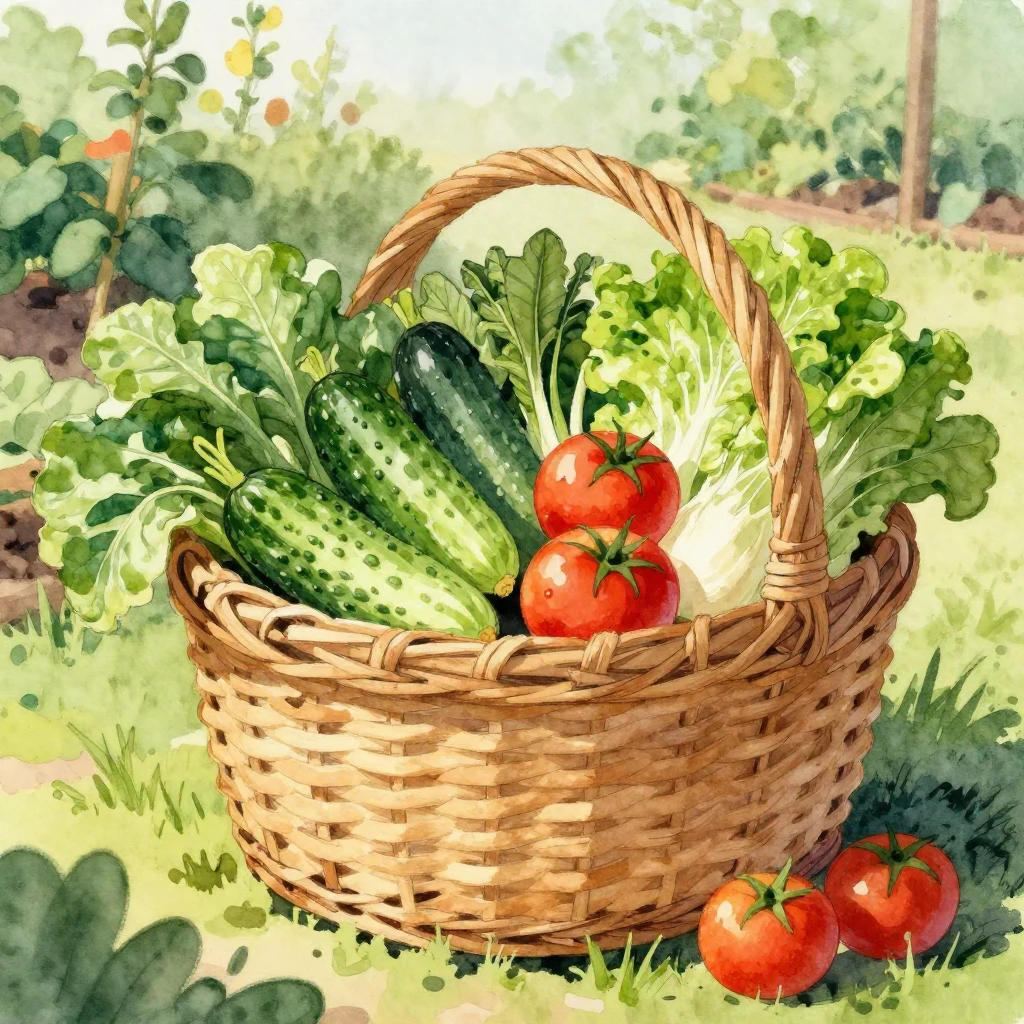 A vibrant and cheerful watercolor illustration of a bountifu...