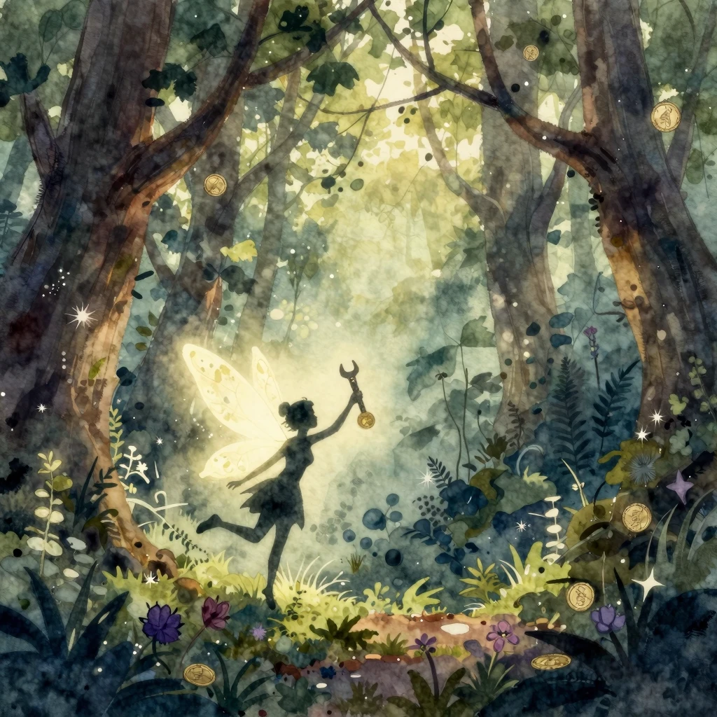 Watercolor painting of an enchanted forest, soft glowing lig...