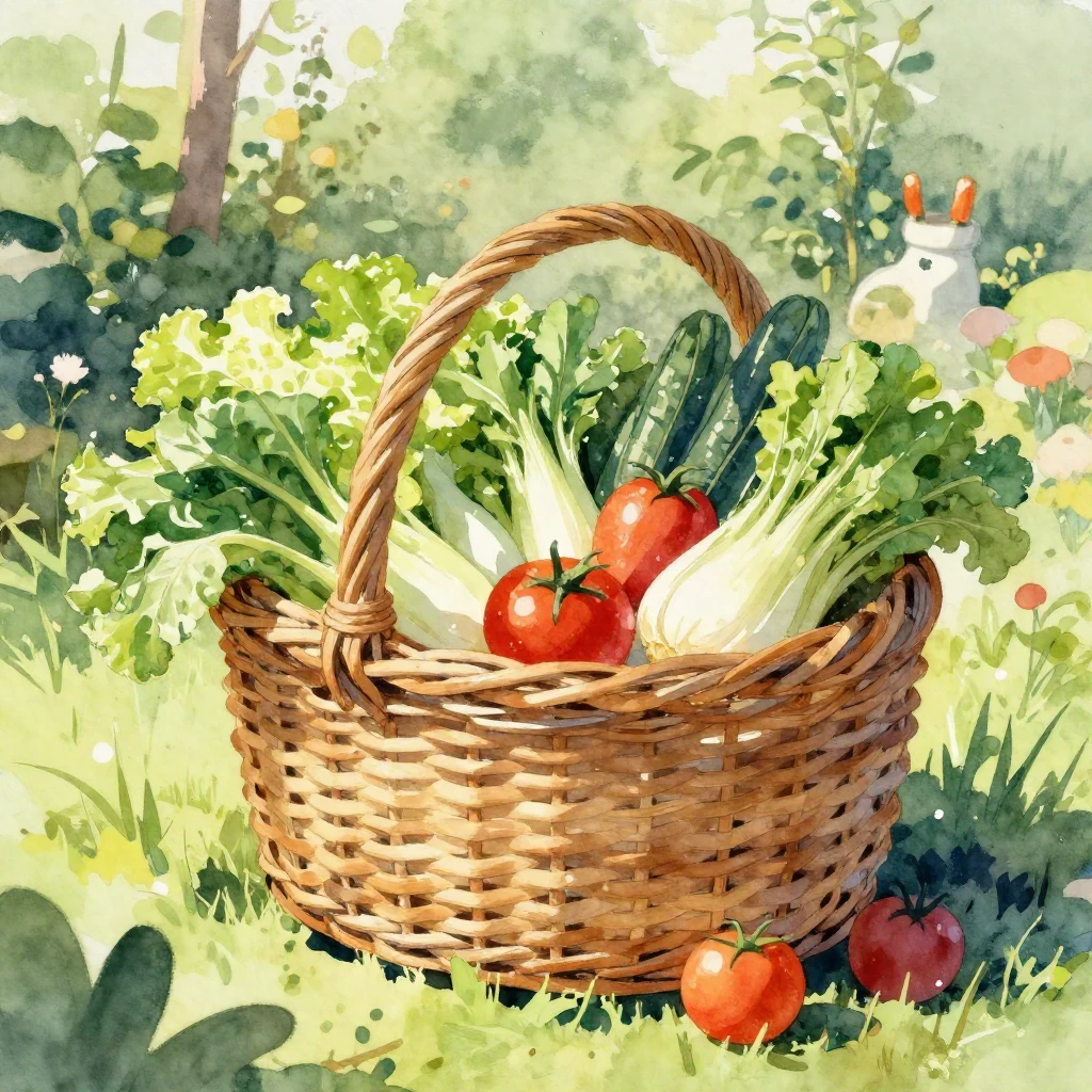 Vibrant watercolor illustration of a lush garden setting wit...