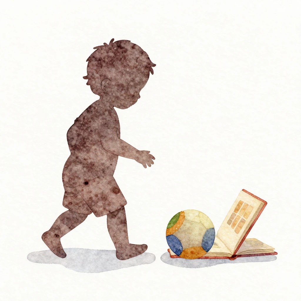 Watercolor illustration of a toddler's silhouette engaged in...