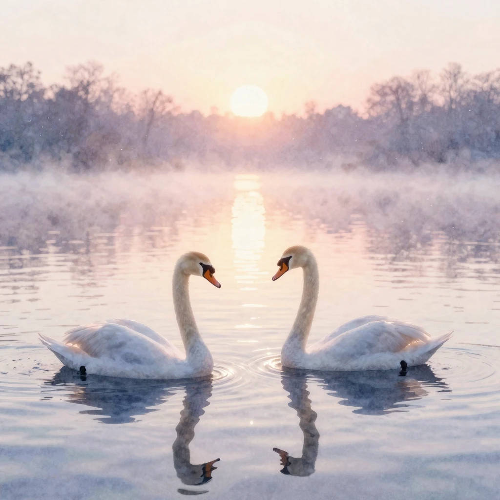 Artistic watercolor painting of two graceful swan silhouette...