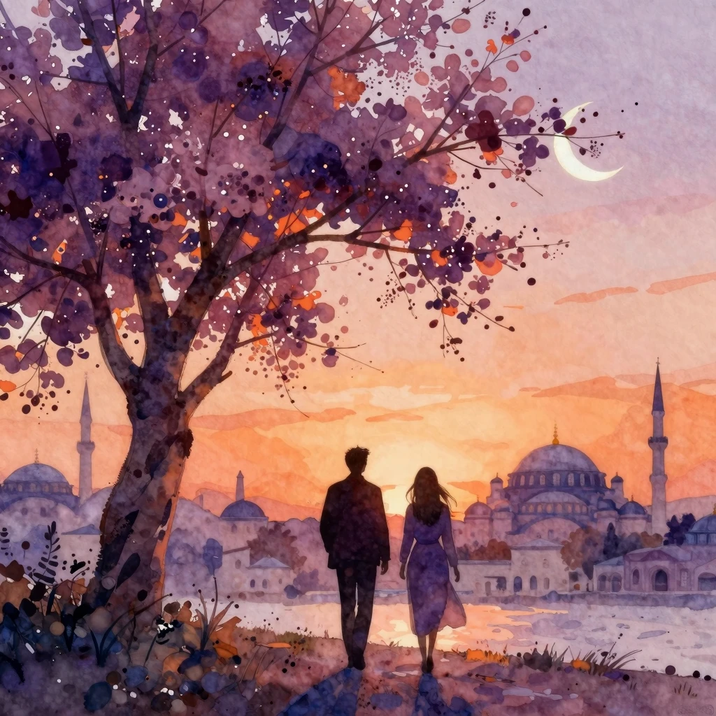 A beautiful watercolor painting of two silhouettes walking t...
