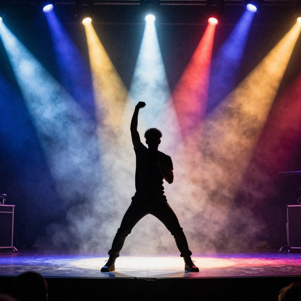 A watercolor silhouette of a performer on a stage bathed in ...