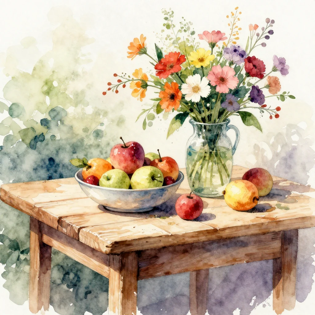 Vibrant watercolor illustration of a rustic wooden table wit...