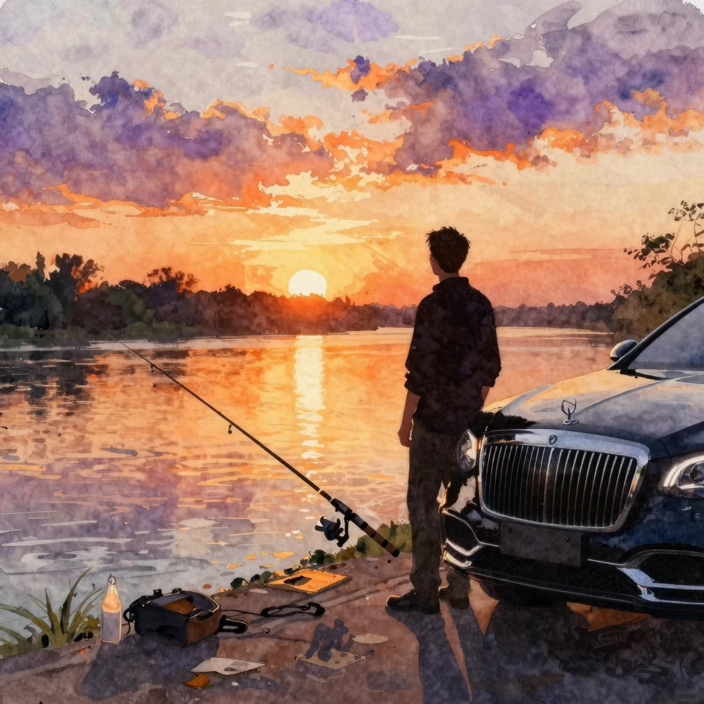 Watercolor painting of a man's silhouette standing by a luxu...