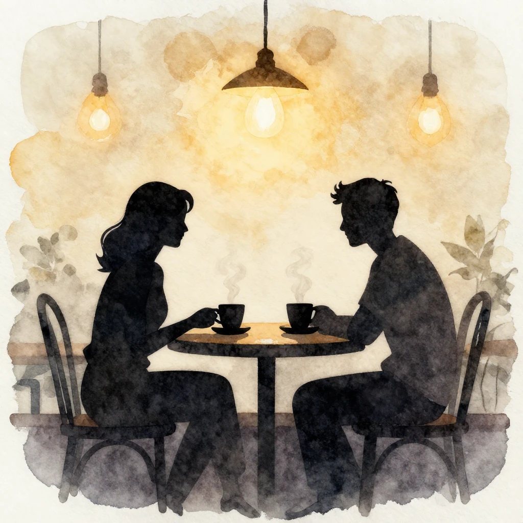 Watercolor style. Silhouettes of a couple sitting at a small...