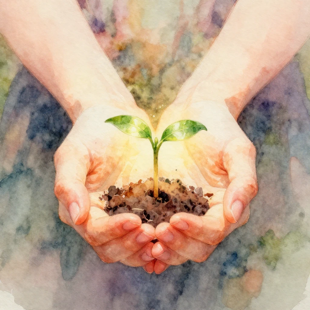 A watercolor painting of a small, glowing plant seedling gen...