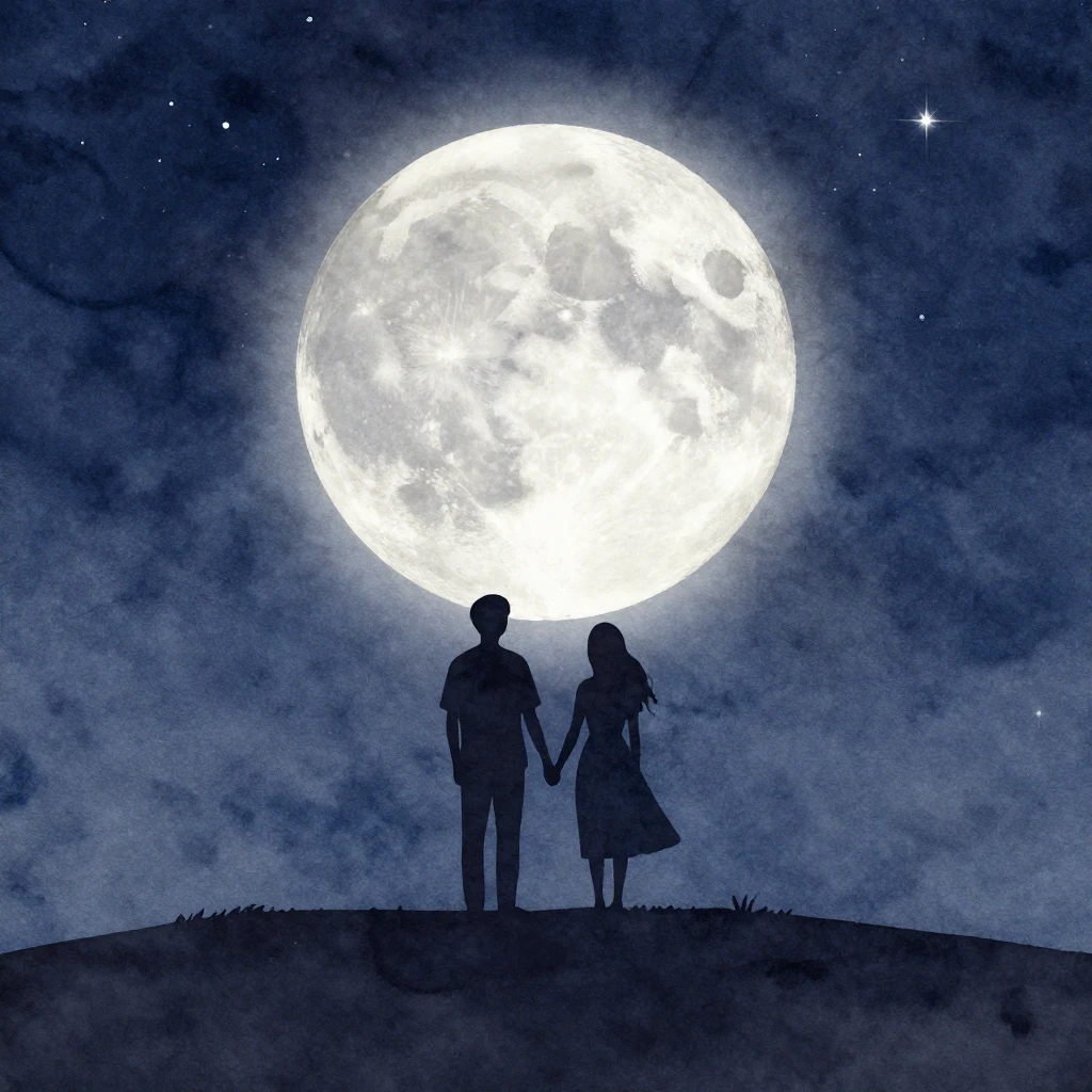 A minimalist watercolor silhouette of a couple standing on a...