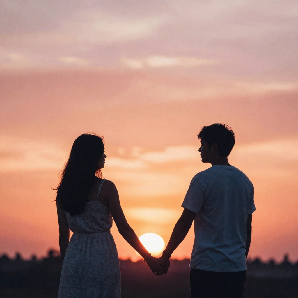 a couple silhouetted against a vibrant sunset, holding hands...