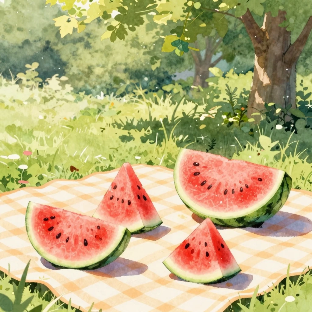A bright watercolor painting of a lively summer picnic scene...