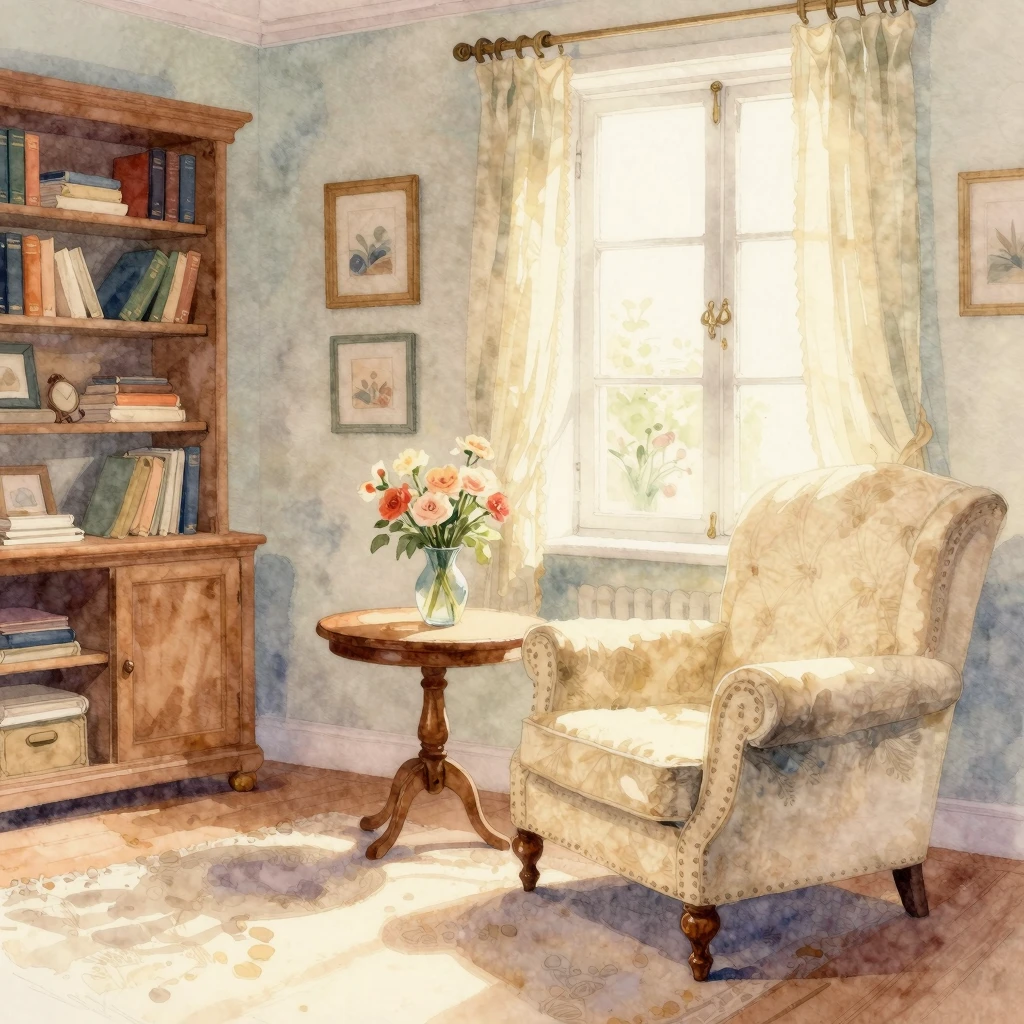 A beautiful watercolor illustration of a cozy vintage living...