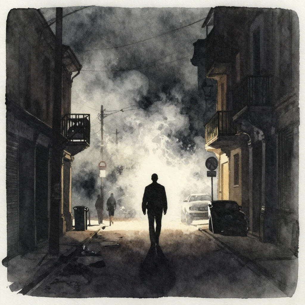 Watercolor painting of a dramatic street scene at night, fea...