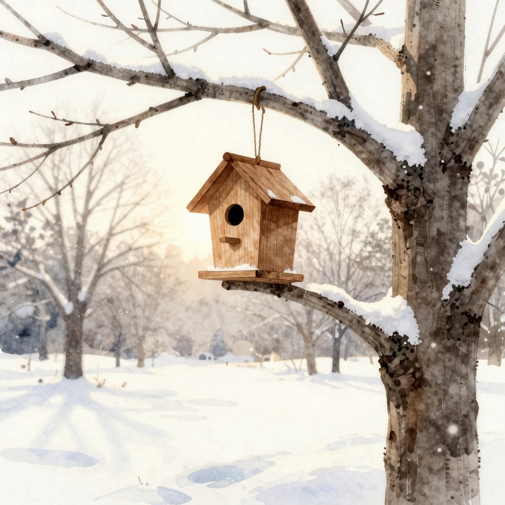 Create a watercolor painting of a wooden birdhouse silhouett...