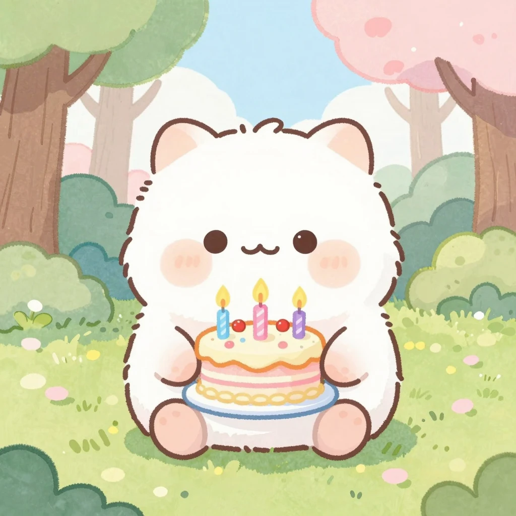 A cute fluffy forest animal holding a colorful birthday cake...