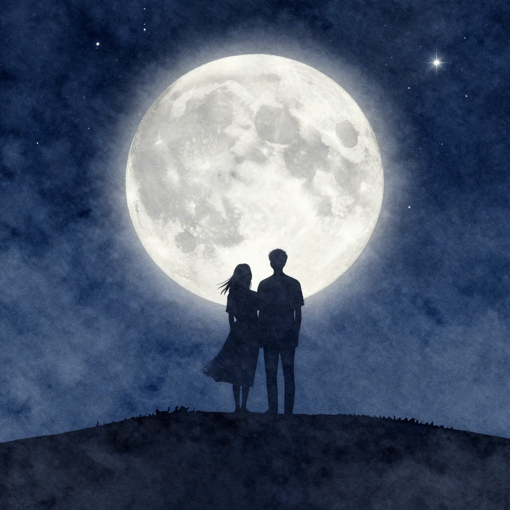 A watercolor silhouette of a couple standing on a hill under...