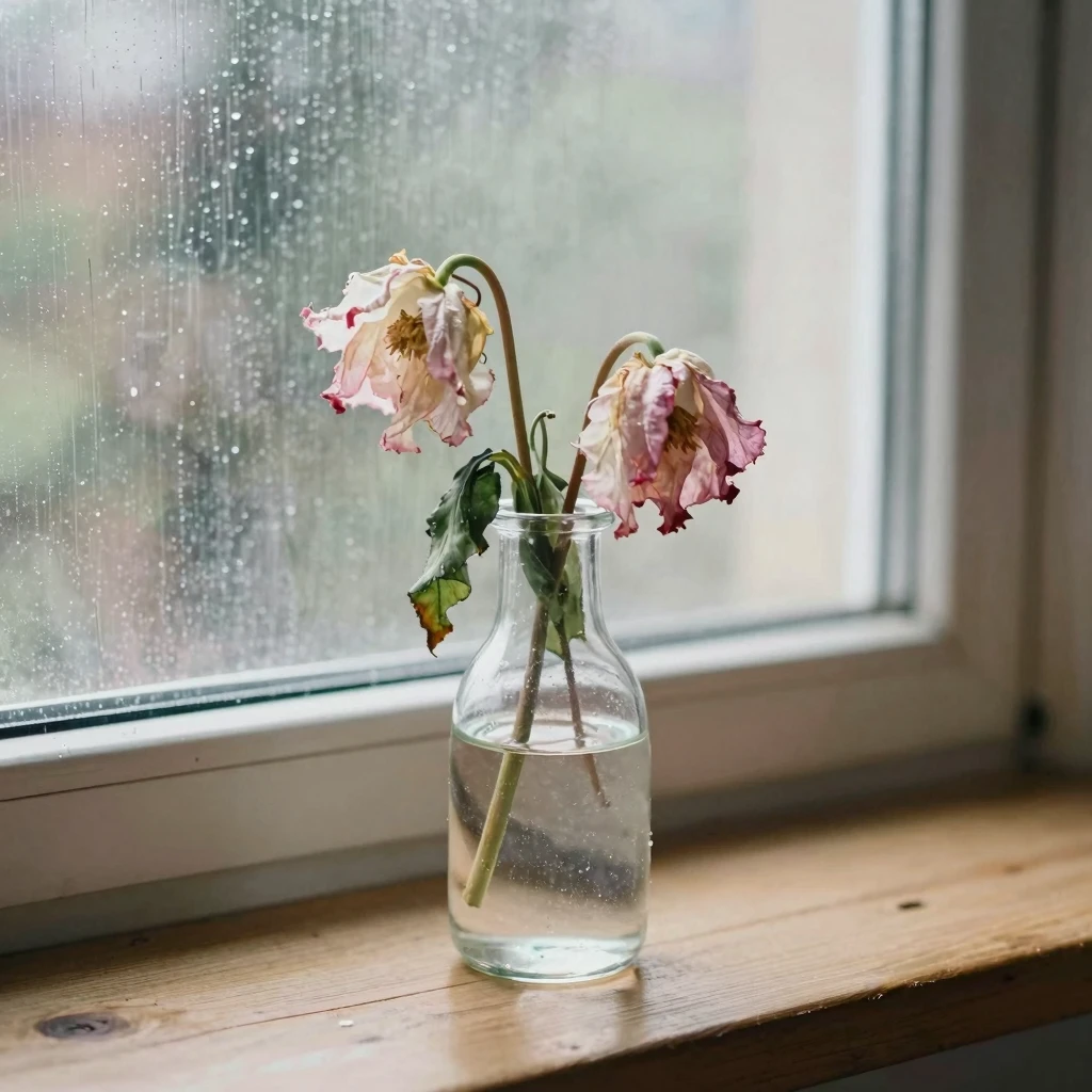 A watercolor painting of a wilted flower in a glass vase sit...