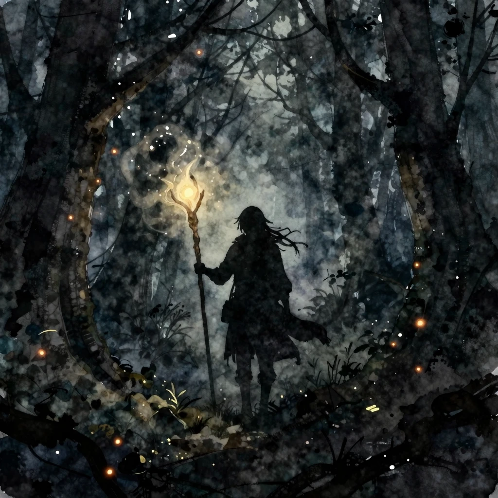Watercolor style illustration of a lone wanderer silhouette ...