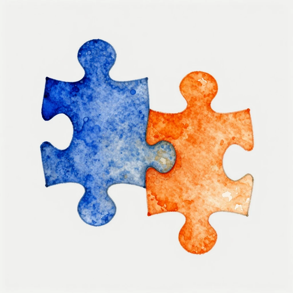 Watercolor illustration of two interlocking puzzle pieces. V...