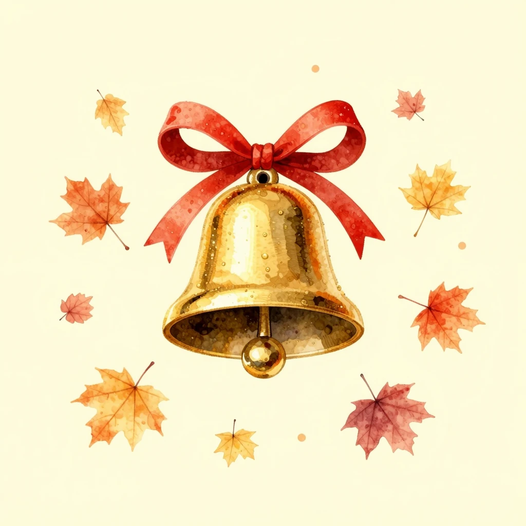 A shiny golden bell tied with a bright red ribbon, surrounde...