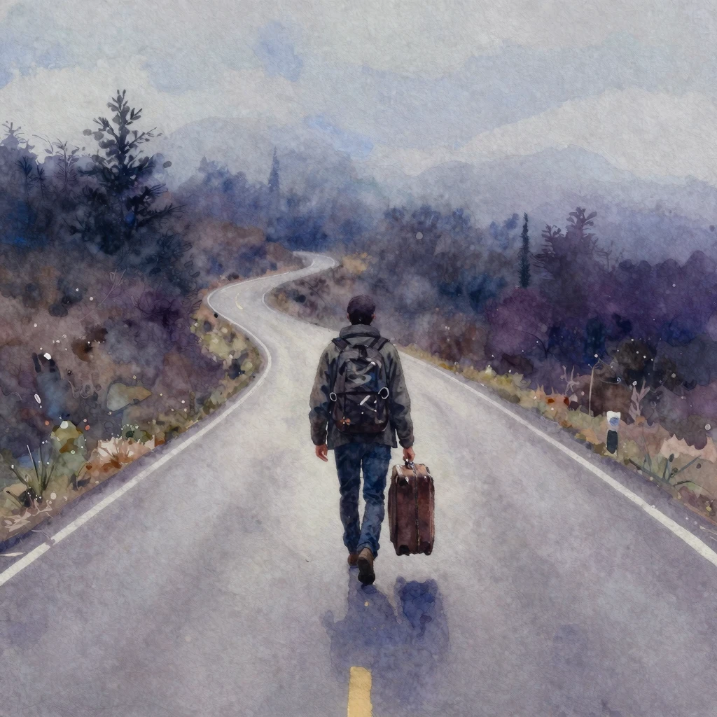 Watercolor painting of a lonely traveler walking along an em...