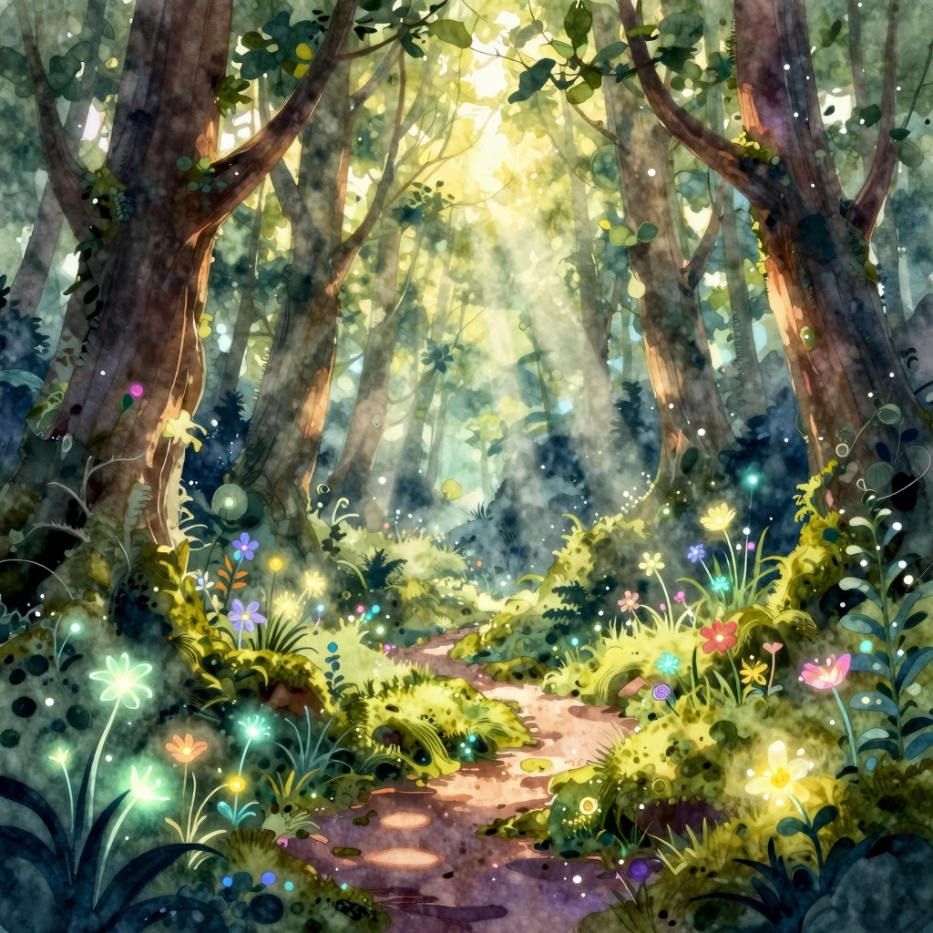 Digital watercolor art of an enchanted magical forest during...