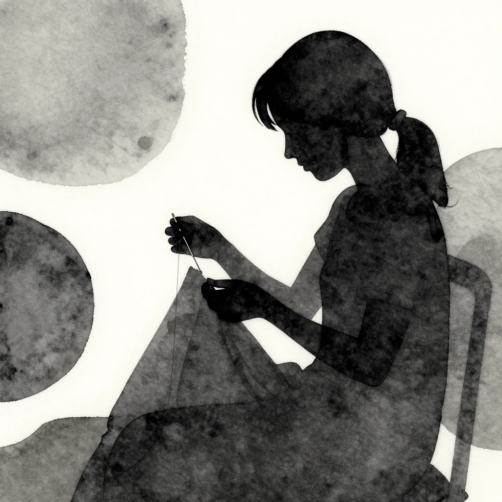 Watercolor style. Silhouette of a girl holding a needle and ...