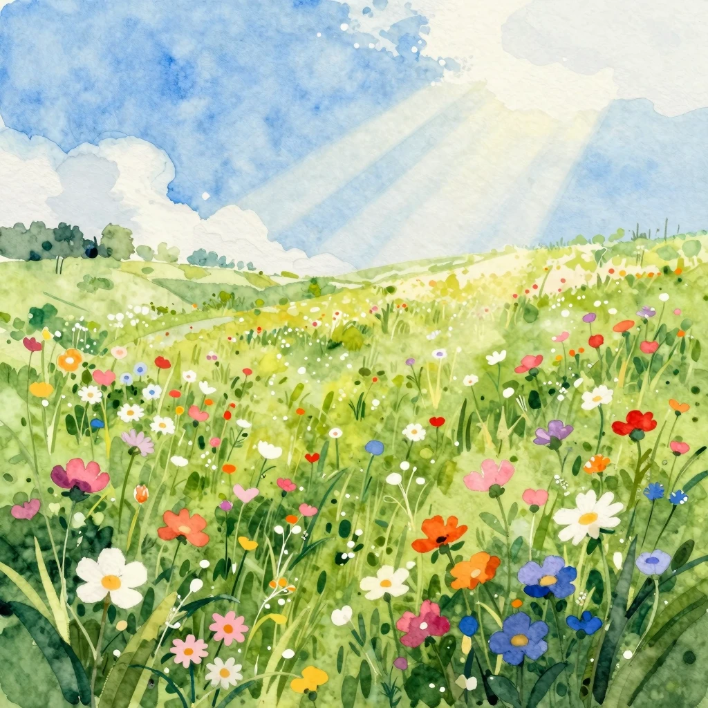 A vibrant watercolor painting of a lush green meadow filled ...