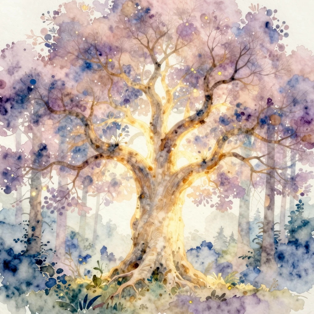 A magical, ethereal watercolor painting of a giant ancestral...