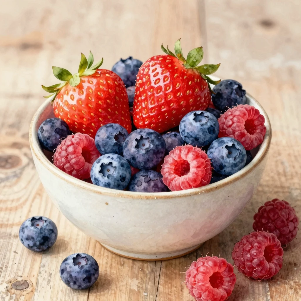 A watercolor illustration of a ceramic bowl filled with a va...