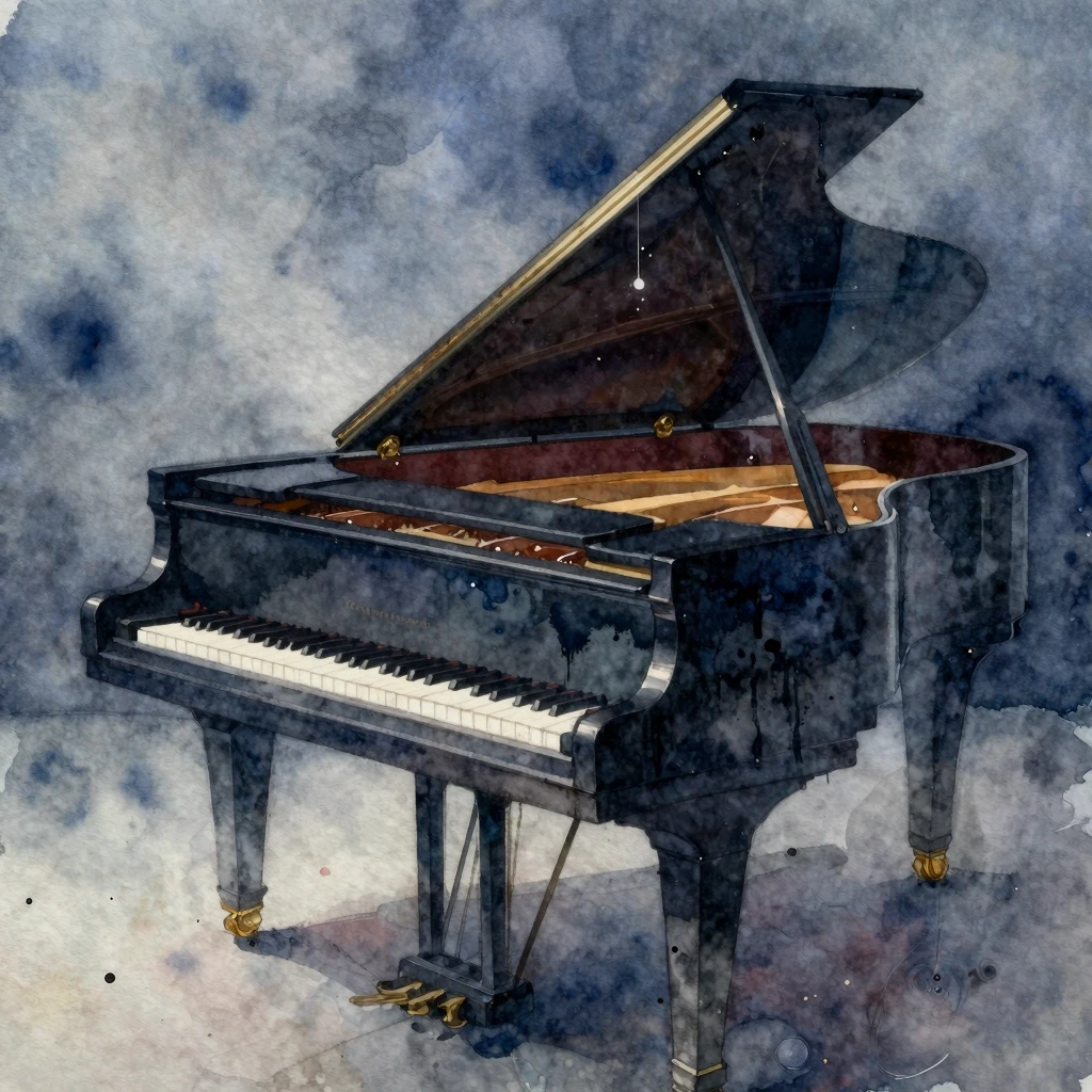 Watercolor painting of a grand piano fading into a misty, da...