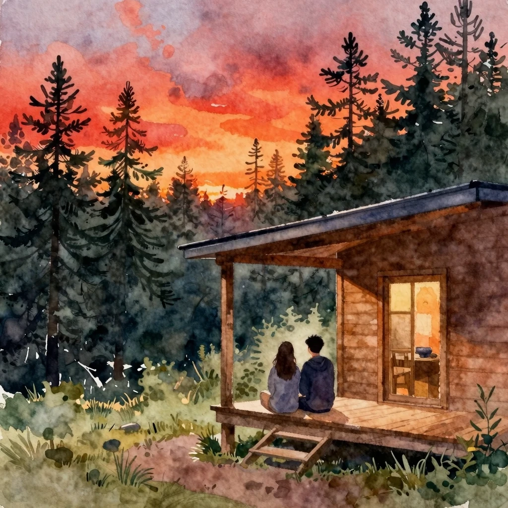 Watercolor painting of a couple's silhouettes sitting on a w...