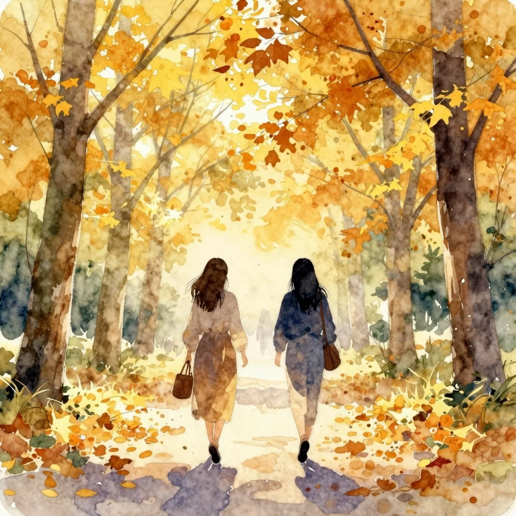 Watercolor painting of two female silhouettes walking throug...