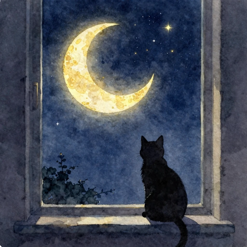 Watercolor painting of a lone cat silhouette sitting on a be...