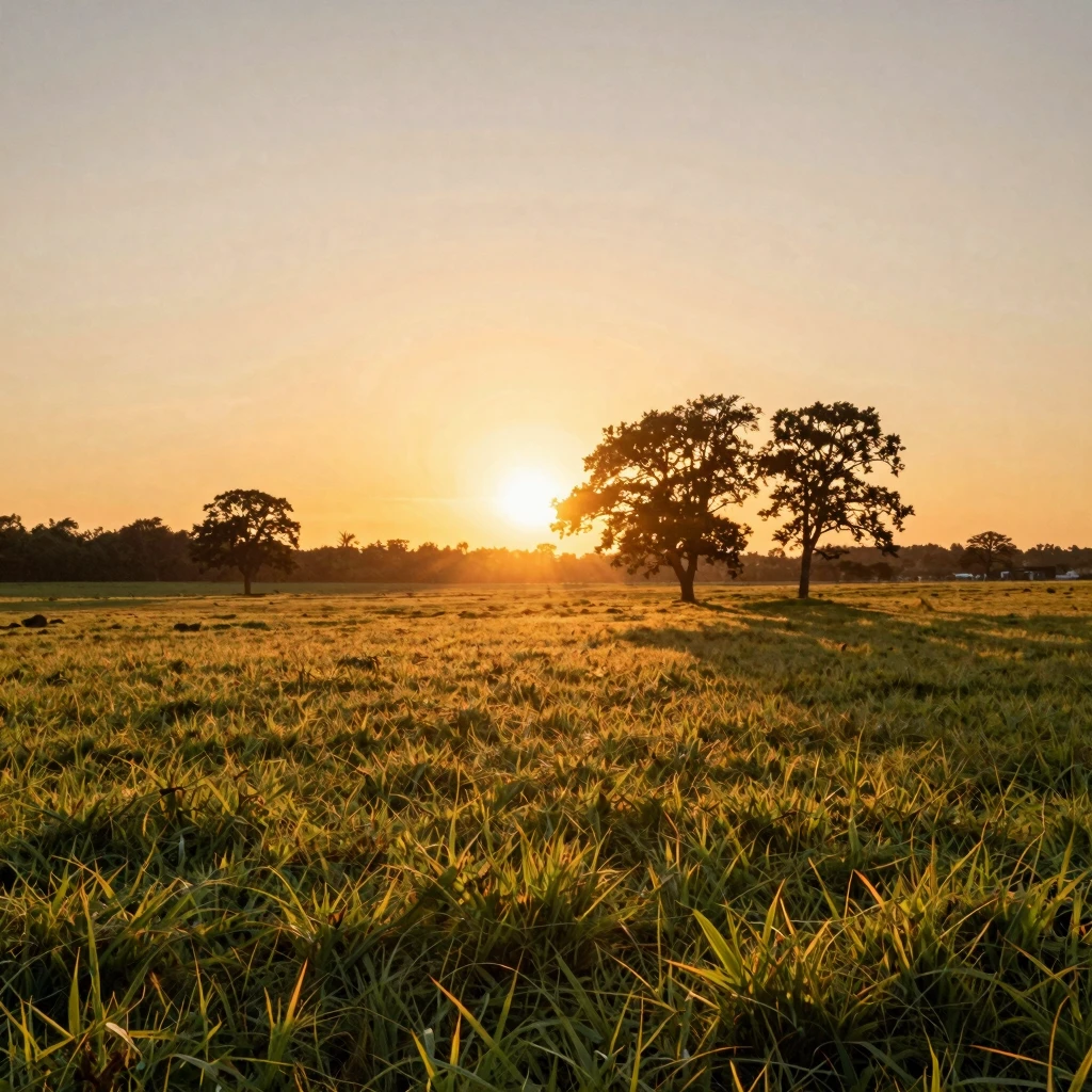 A breathtaking golden hour scene over a tranquil meadow, wit...