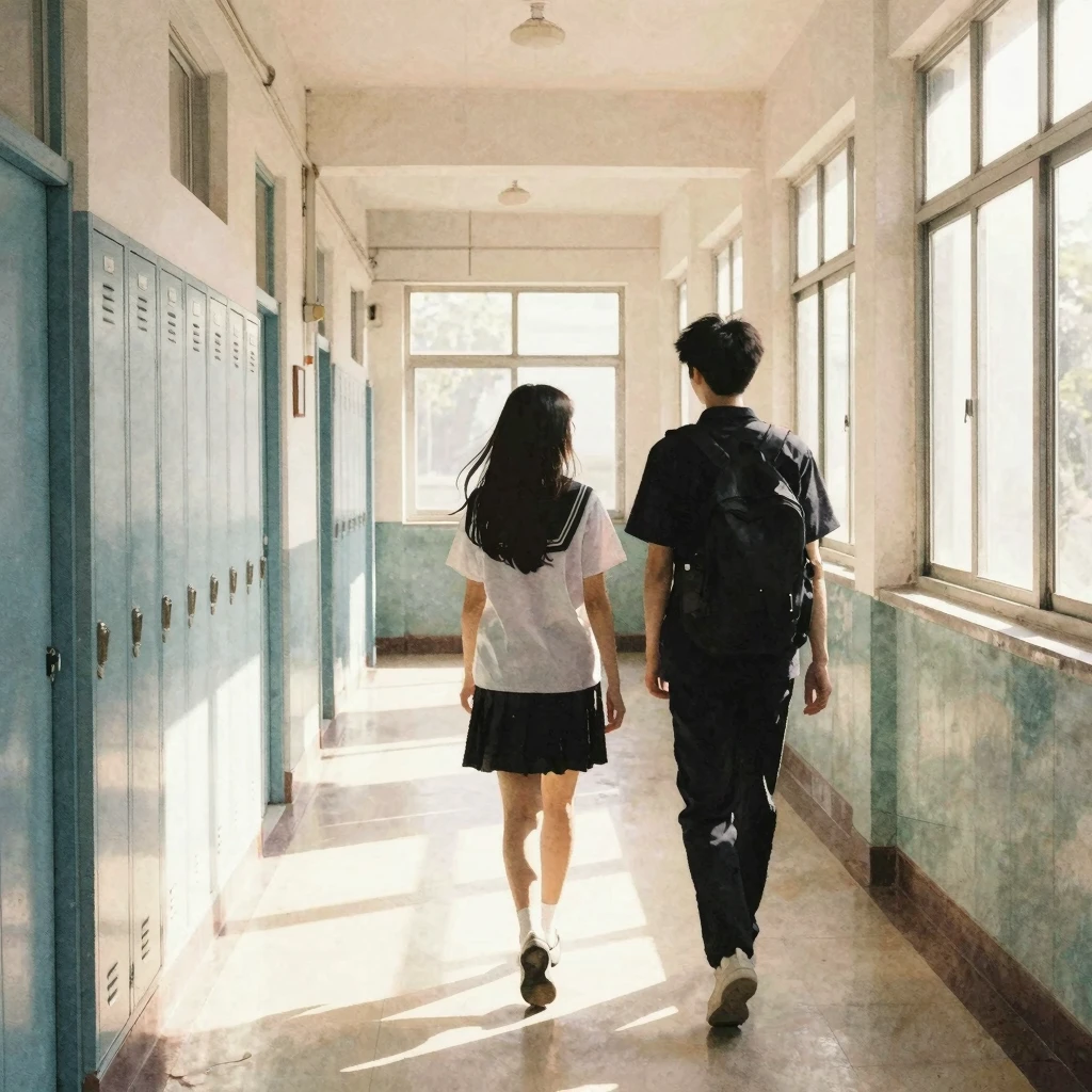 Watercolor style. Silhouettes of two teenagers walking throu...