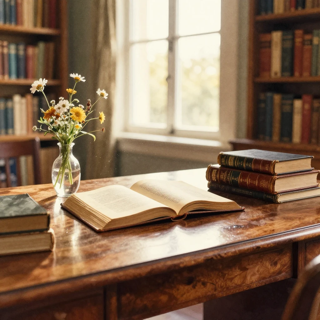 A cozy library scene with a polished wooden desk, an open vi...