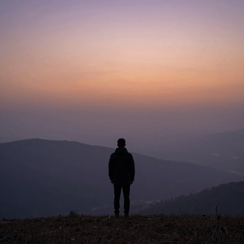 A solitary figure standing on a hill overlooking a vast, mis...